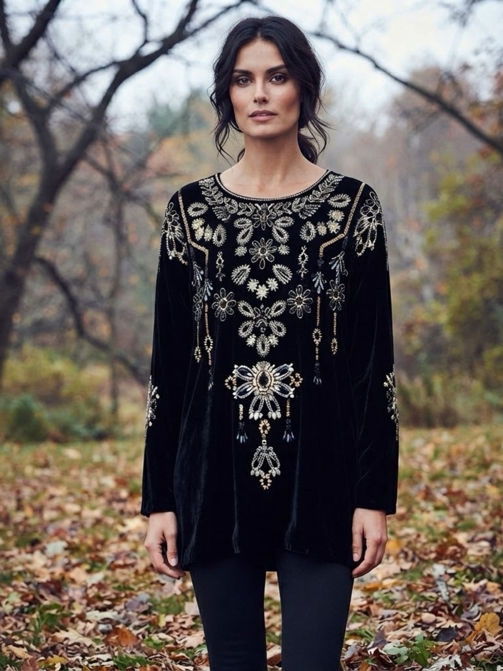 NWT Johnny Was Sz S Charlize Black Velvet Embroidered Beaded Whimsigoth Boho Top